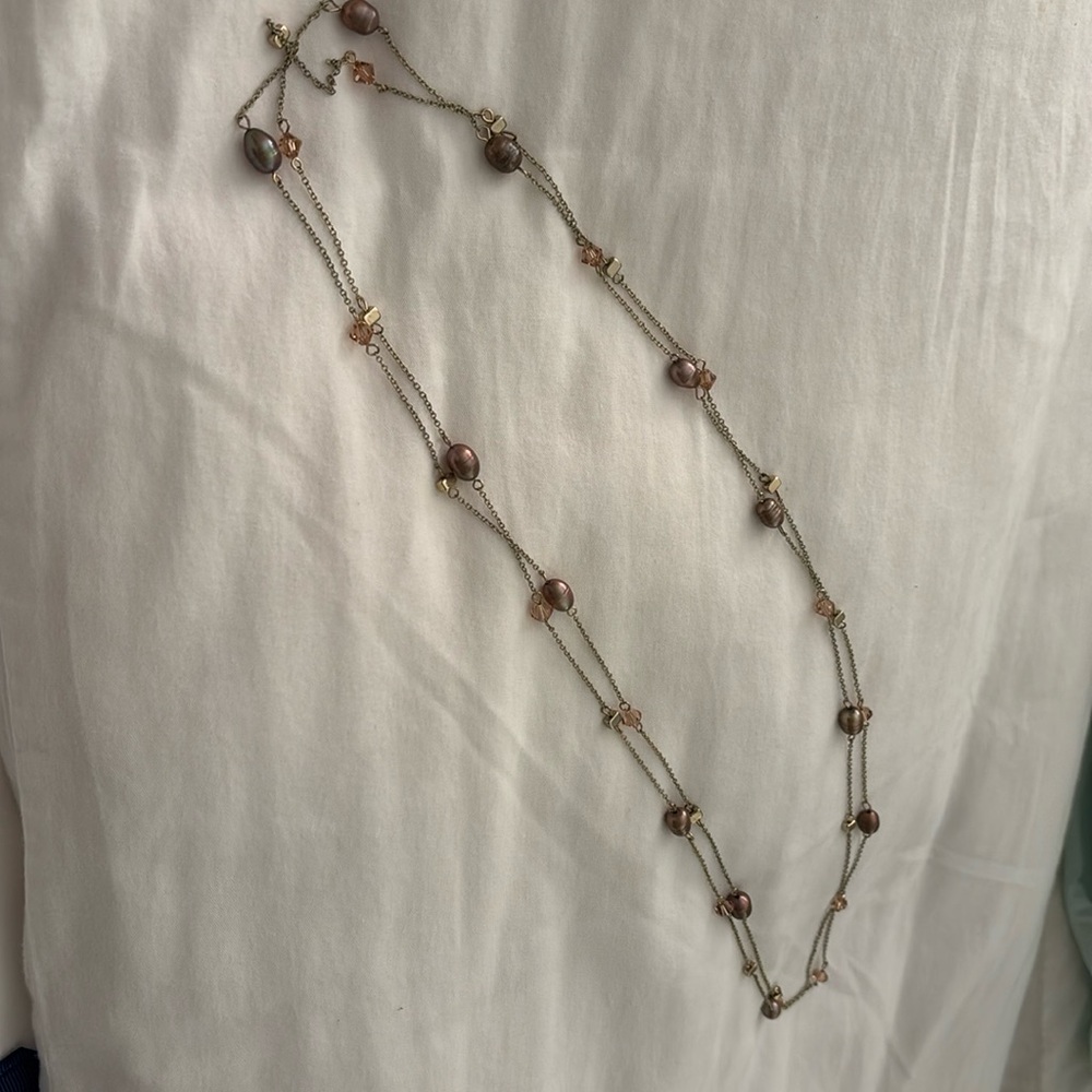Long necklace with fresh watered pearls pink beads in between extra long